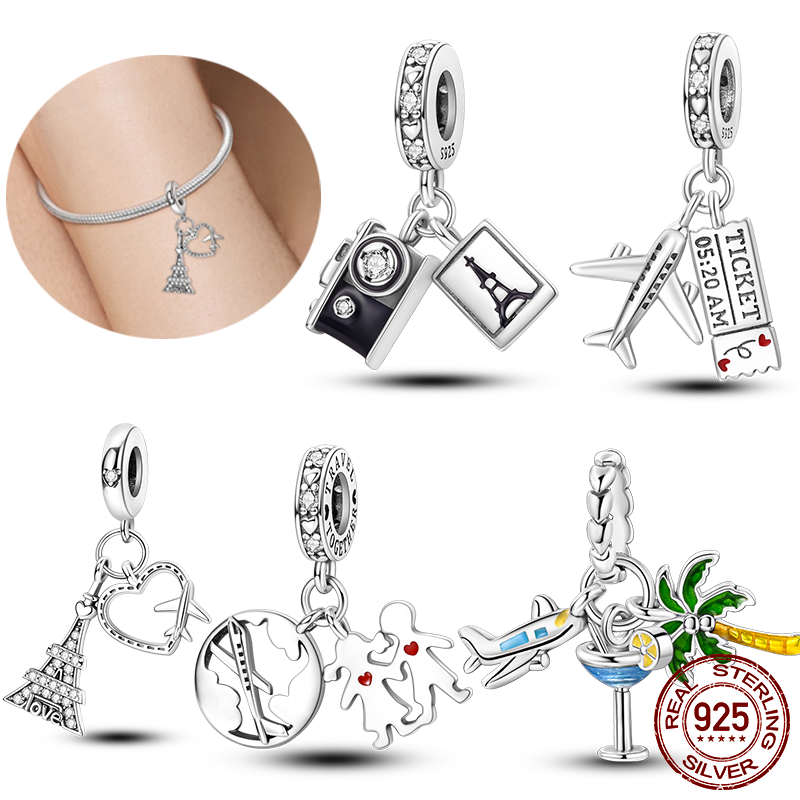 100% 925 argent Sterling avion monde Paris breloques pendentifs ajustement Original Bracelet fabrication de bijoux femme