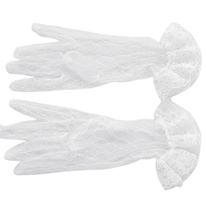 1 paire blanc mariée mariage gants courts plein doigt Transparent rhombique gaze à volants dentelle garniture poignet longueur mitaines fête