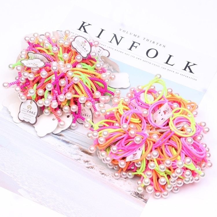 Billiga flickor barn pärla elastiskt hår gummiband barn knyta hår rep ring gummitillbehör för flickor scrunchie hästsvanshållare