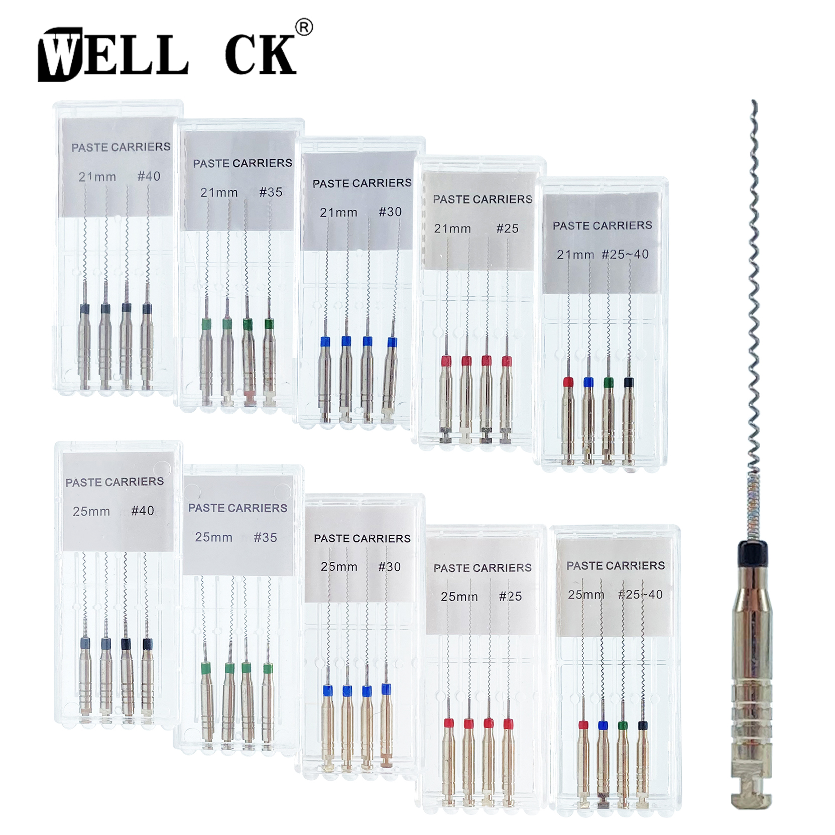 WELL CK 4 unidades/caja 21/25 mm # 25-40 portadores de pasta rotativa Dental relleno en espiral Lentulo surtido de pasta de llenado de motor herramienta de odontología