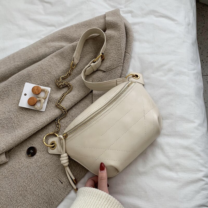 Solid Color PU Leather Crossbody Bags For Women Quality Chain Shoulder Messenger Bag Lady Travel Handbags Waist Packs