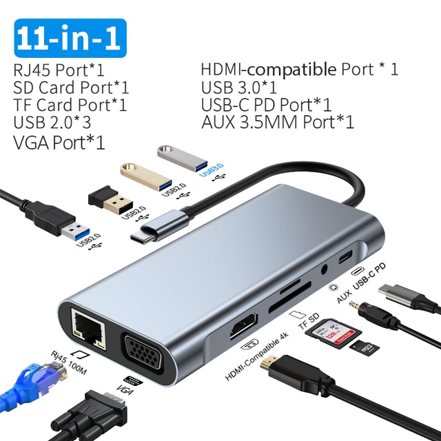 USB C HUB to 4K HDMI-compatible VGA RJ45 Adapter with PD TF SD Jack 3.5mm AUX 4/5/6/8/11 Port Dock Station for Macbook Pro/Air: I-11 In 1 Type C