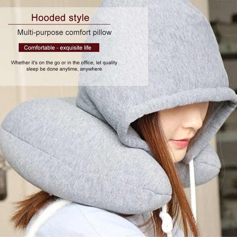 Zachte Hooded U-Kussen Body Nekkussen Solid Grey Dutje Katoen Deeltje Kussen Textiel Thuis Vliegtuig Auto Reizen Kussen accessoires