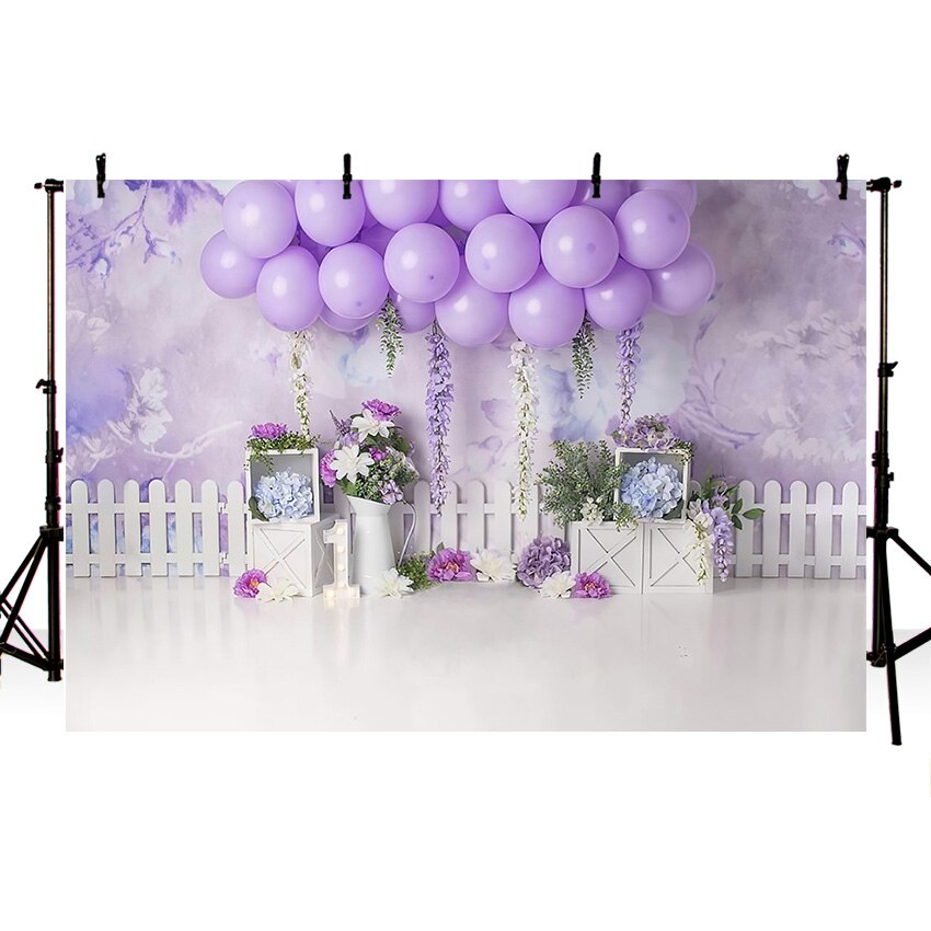 Mehofond Photography Background Purple Flowers Floral Garden Balloons Girl 1st Birthday Cake Smash Decor Backdrop Photo Studio
