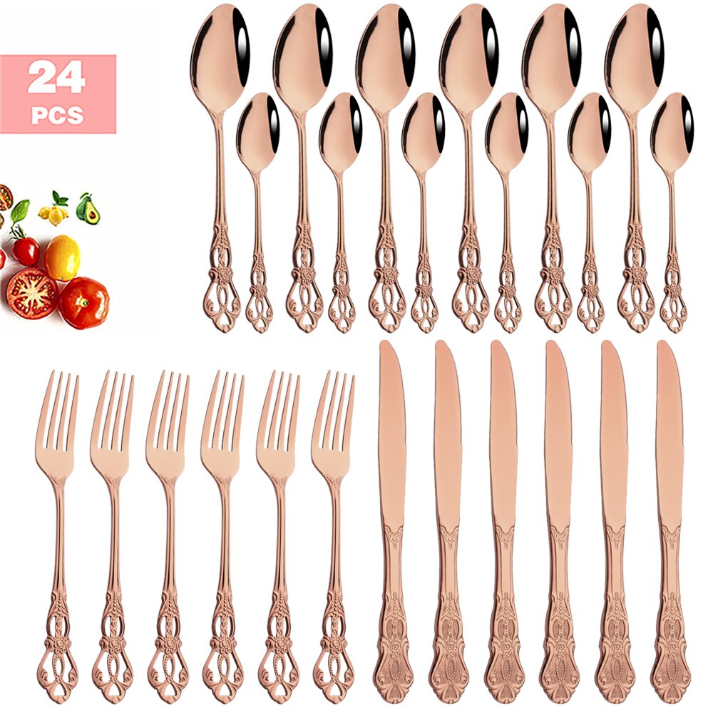 6-24pcs Luxury Wedding Silverware set Silver Dinnerware Knife Fork Tea Spoon Retro Kitchen Flatware Tableware Cutlery Rack Set: 24Pcs Rose