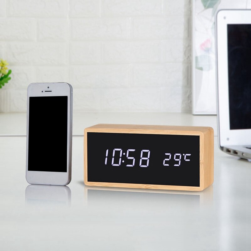 LED Wooden Alarm Clock Control Digital Wooden Electronic Desktop USB Powered Clock Table Decoration