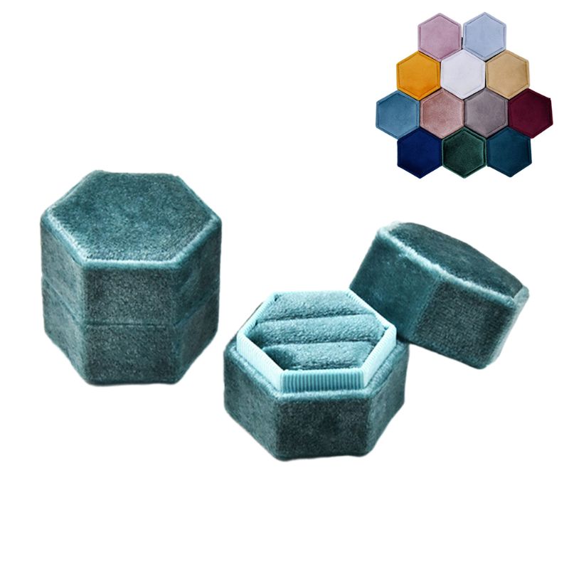 Velvet Double Ring Box Hexagon Wedding Ceremony Ring Box for proposal, engagement, wedding with Detachable Lid