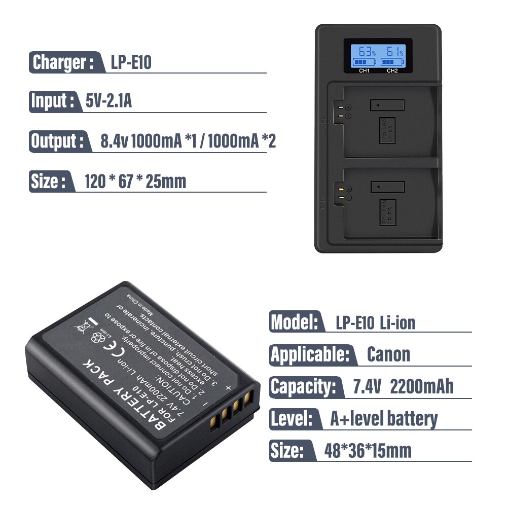 Lp -e10 lp e10 lpe 10 kamera batterier+lcd usb dobbelt oplader til canon eos 1100d 1200d 4000d kiss  x50 x70 rebel  t3 t5 t6 lp-e10