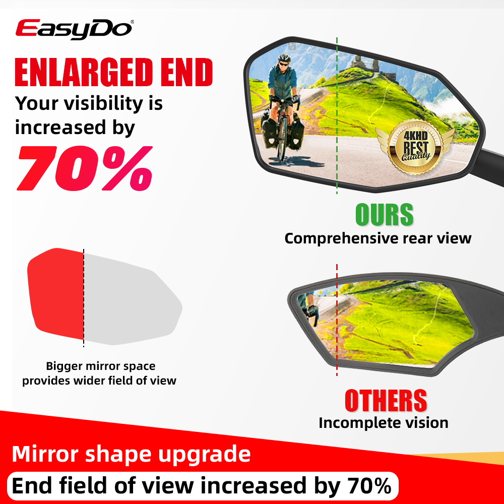 Easydo-Spiegel für Fahrräder, ultraklarer Fahrradspiegel, Lenkerende mit großer Reichweite, verstellbarer Lenker, Linker und rechter Spiegel