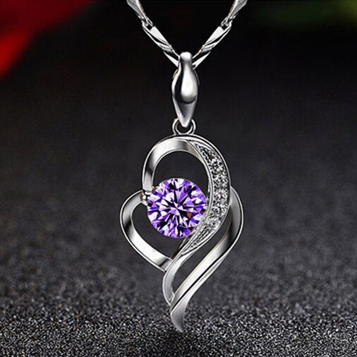 TJP 925 Silver Choker Necklace For Girl Bijou Top Crystal Heart Purple Women Pendants Necklace Accessories: purple