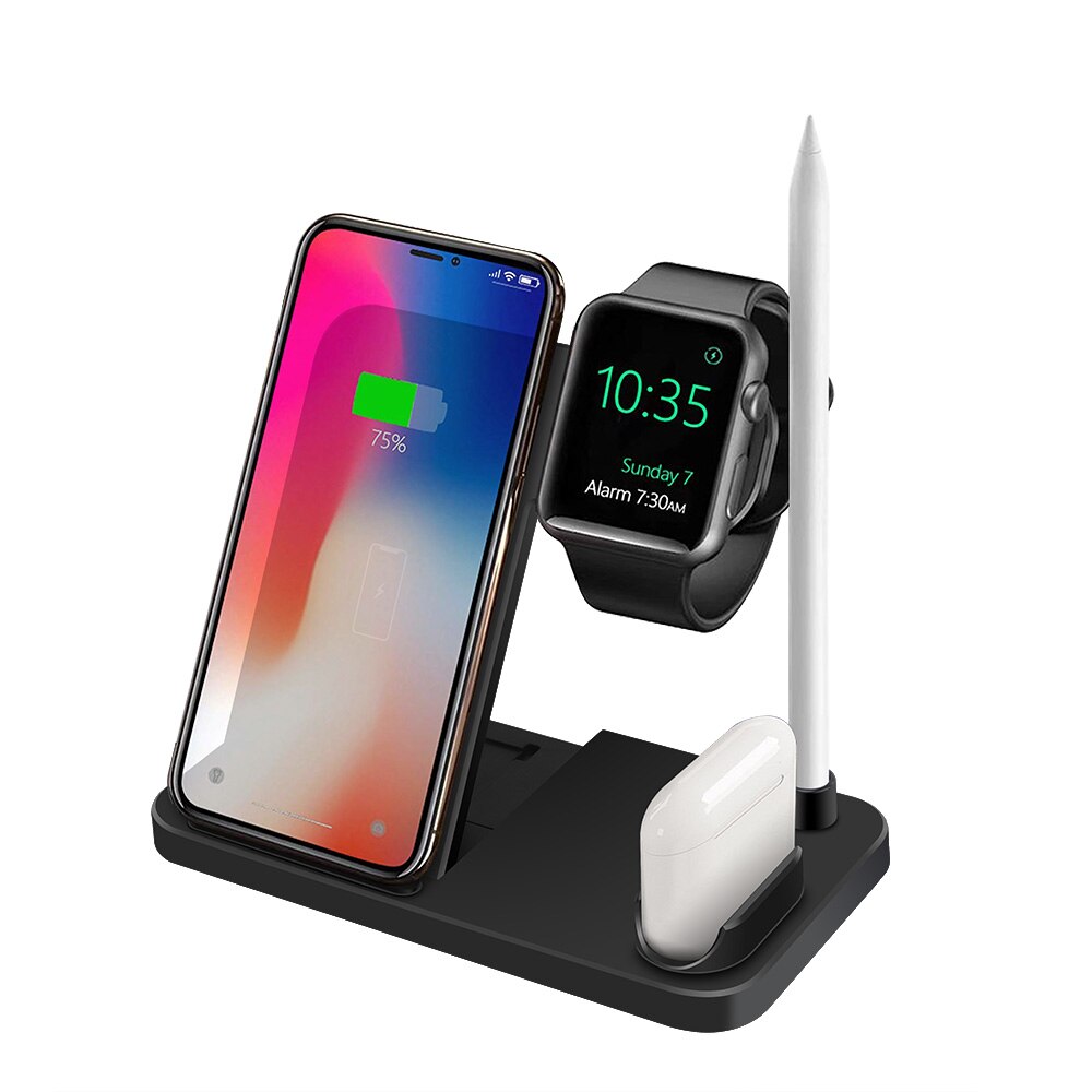 15W Qi Fast Wireless Charger Stand For iPhone 11 XS XR X 8 Samsung S10 S20 4 in 1 Charging Station for Apple Watch Airpods pro: 10W Black