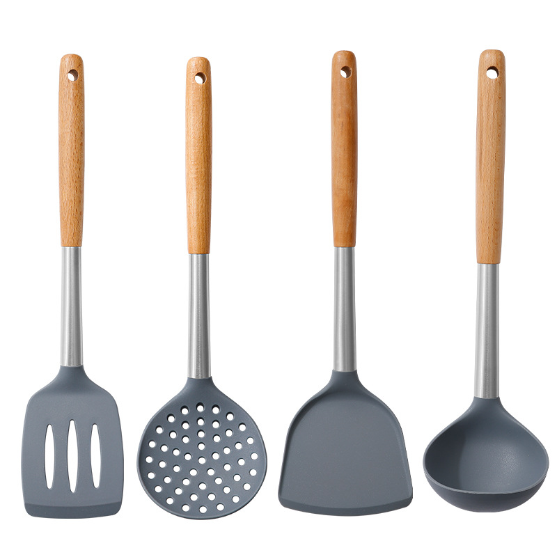 Silicone Kitchen Utensils Wooden Handle Non Stick Pot Kitchenware Cooking Set Heat-resistant Soup Spoon Pasta Colander Shovel: plum