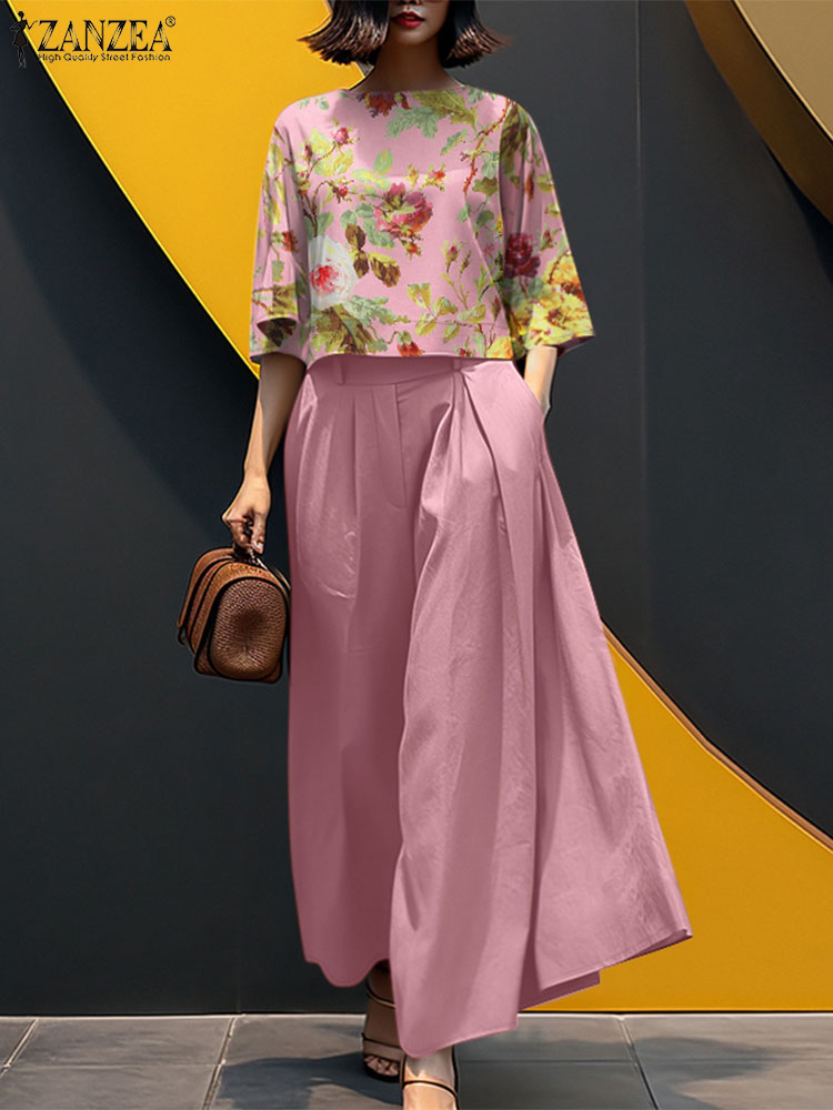 ZANZEA Summer 3/4 Sleeve Printed Blouse Trousers Suit 2PCS Outfits Women Matching Sets Wide Leg Pant Sets: XXL / Pink