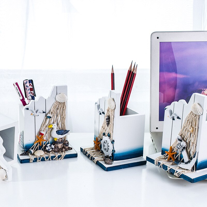 Mediterranean Wooden Storage Box Sea Bird Sailing Pencil Barrel Multifunction Home Office Desktop Decoration Organizer