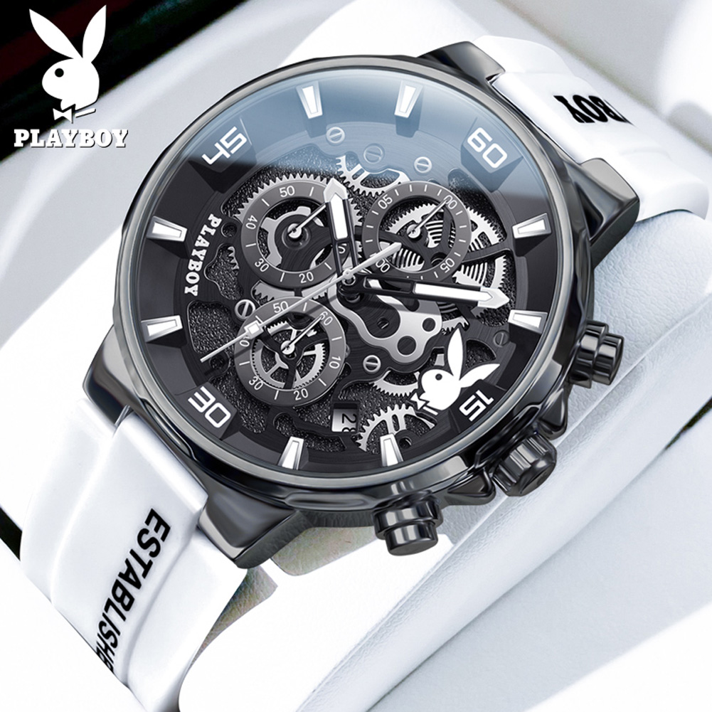 PLAYBOY, reloj de cuarzo de tendencia de la mejor para hombre, correa de silicona Original, relojes para hombre, calendario resistente al agua, reloj masculino multifunción: Negro