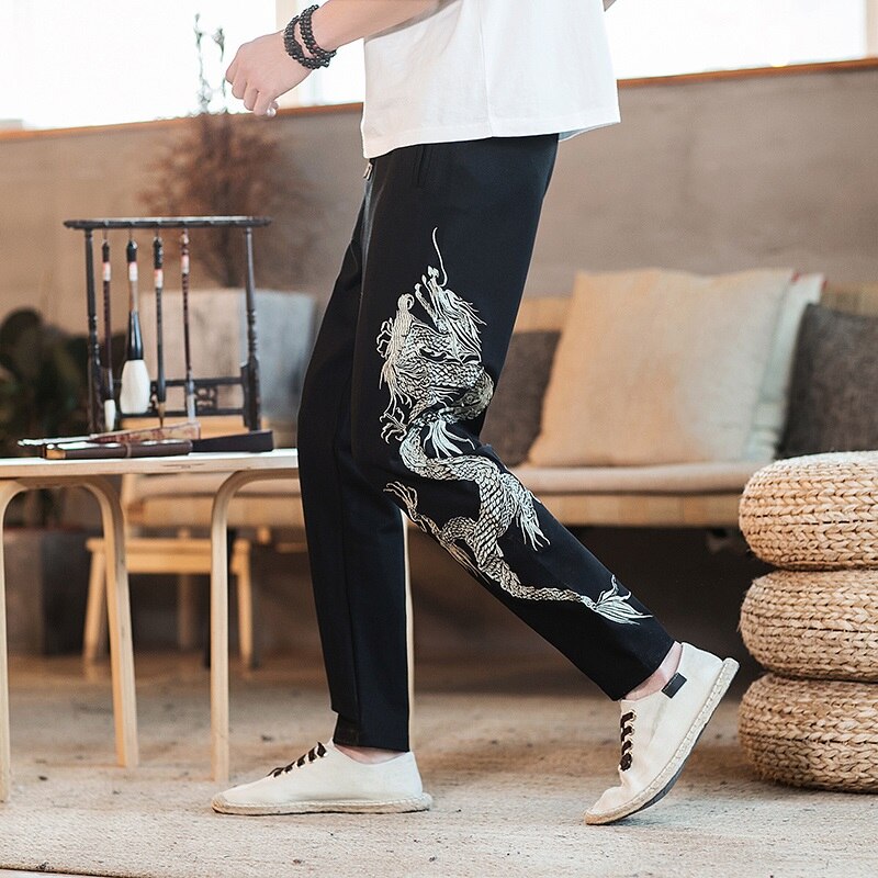 Men Casual Chinese Style Pants Dragon Embroidery Loose Trousers Summer Japanese Elastic Waist Harem Pants Streetwear