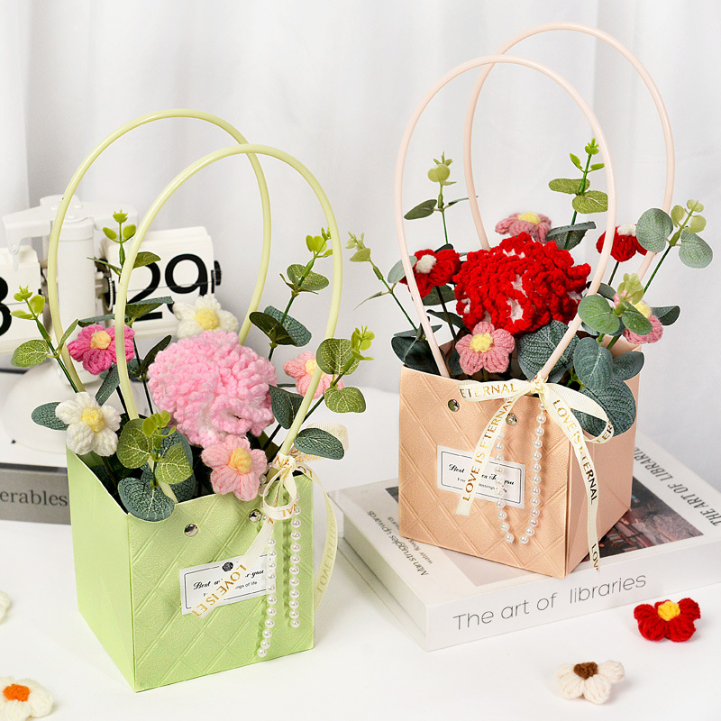 stijl gehaakte zonnebloemen rozen anjer pluche planten afgewerkt gebreide handtas boeketten Valentijn verjaardag afstudeercadeaus