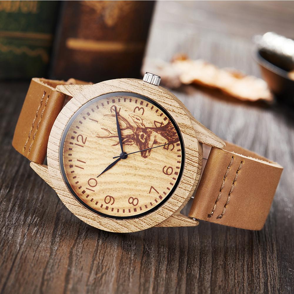 Wood Watch Men Women Couple Quartz Imitation Bamboo Wooden Male Animal Horse Watch Watches Leather Wrist Clock Reloj