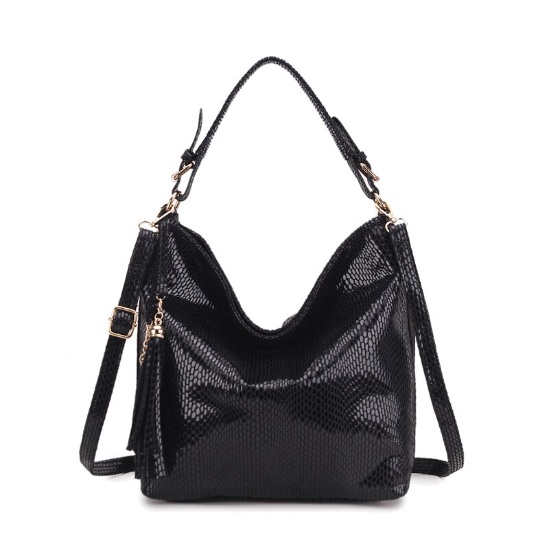 Hobo Messenger Bag Women&#39;s Shoulder Bag Vintage Tassel Ladies Hand Bags Leather Handbag Big Crossbody Bags for women: black