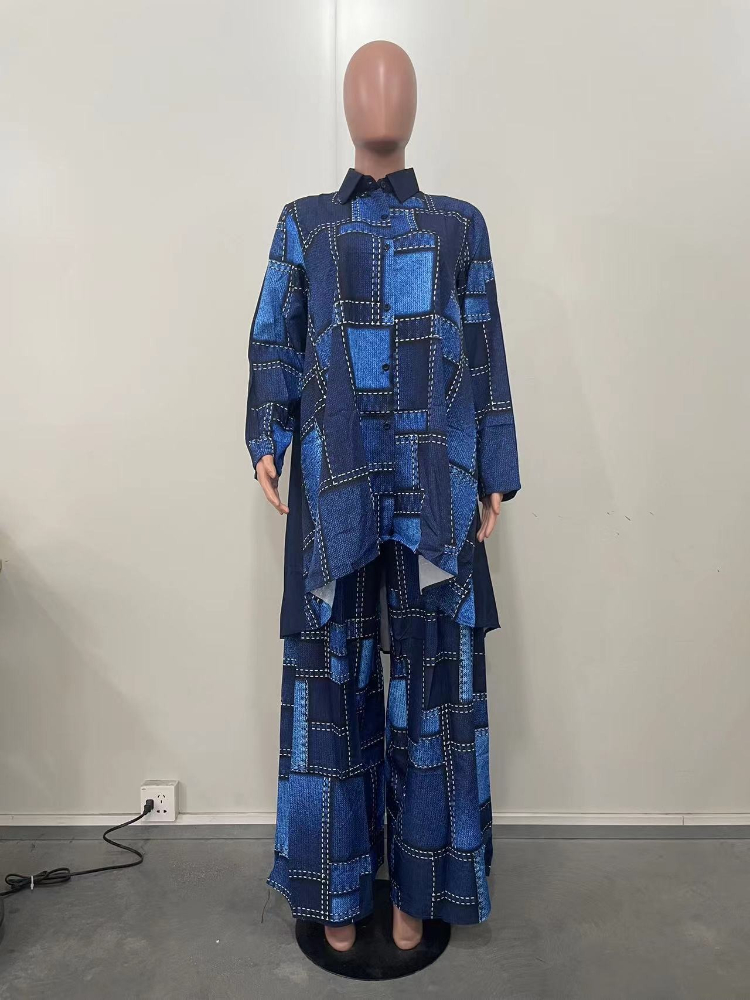Buksesæt dame todelt sæt denim splice matchende sæt ternet skjorte toppe vide ben lange bukser høj talje  y2k streetwear