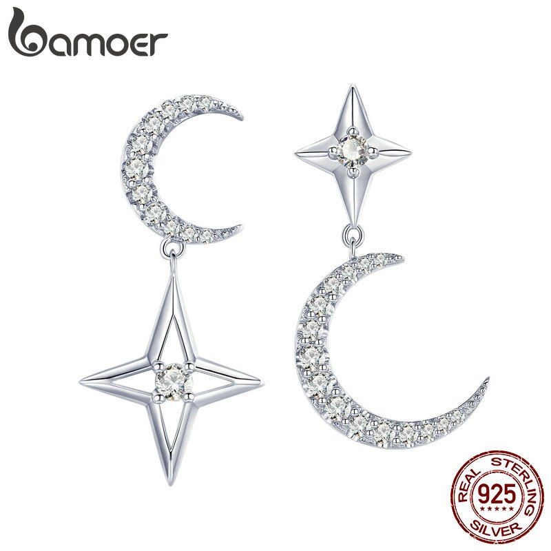 BAMOER Authentic 925 Sterling Silver Moon & Star Dangle Earrings for Women Clear Cubic Zircon Earrings Wedding Jewelry BSE050