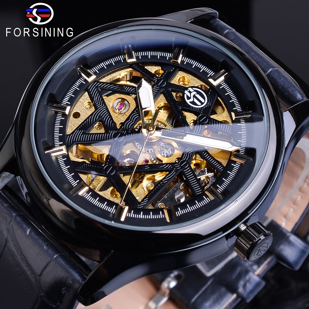 Forsining Heren Luxe Black Skeleton Lederen Horloge Steampunk Hand Wind Mechanische Roestvrij Staal Horloges Montre Homme
