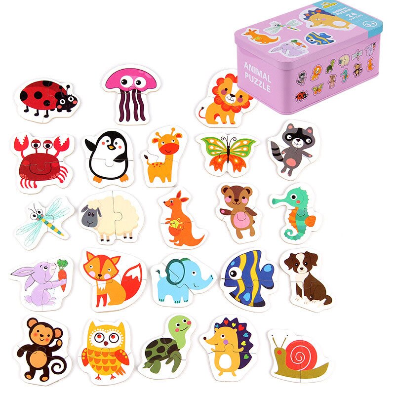 Montessori Baby Toy Card Puzzles Early Learning Educational Toy Cartoon Traffic Animal Fruit With Iron Box Kids Cognitive Puzzle