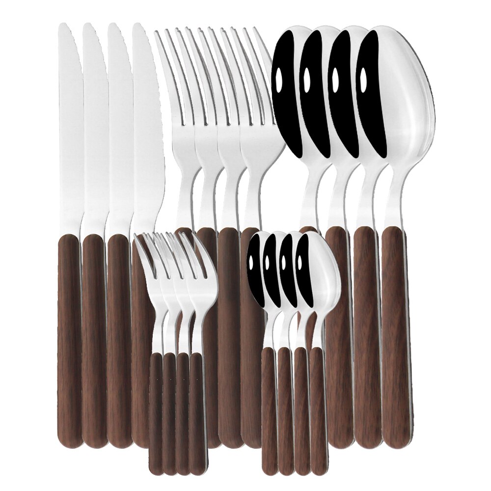 20Pcs Zilveren Houten Handvat Westerse Servies Set Roestvrij Stalen Bestek Set Mes Vork Lepel Theelepel Diner Servies Set: B Dark Silver