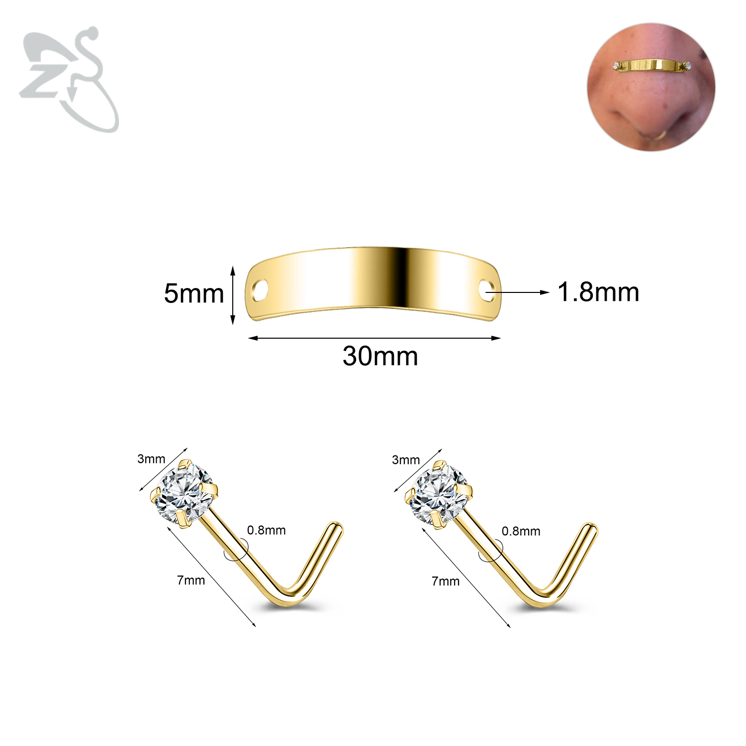 ZS-Piercing en Acier Inoxydable pour Homme et Femme, Bijoux de Corps, Ajustable, Pont de Narine, Punk, 24/30/35/40/45/50mm, 1 Ensemble: Zinc blanc bleu plaqué