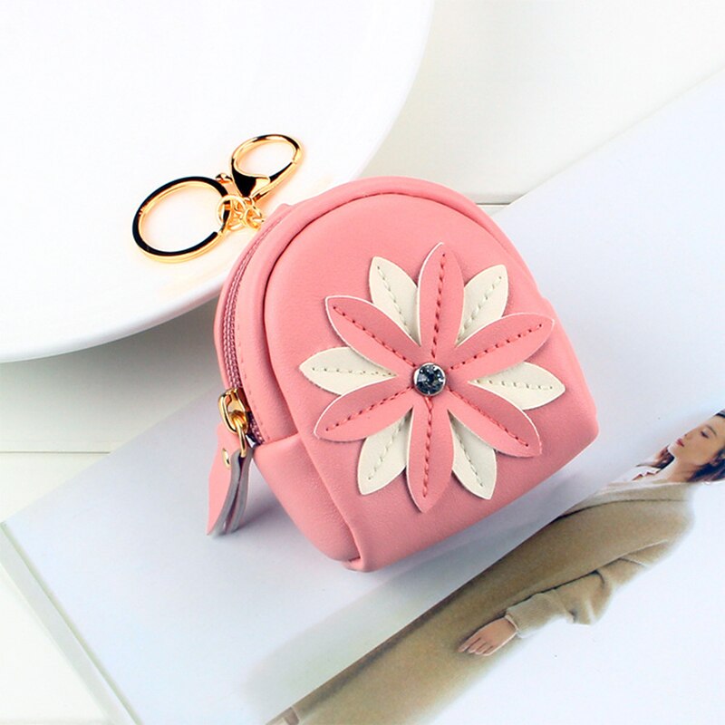 Fudeam pequena bolsa de couro flor bolsa de moeda feminina moda mini bonito chaveiro zíper carteira de moeda batom cabo usb fone de ouvido saco: Pink