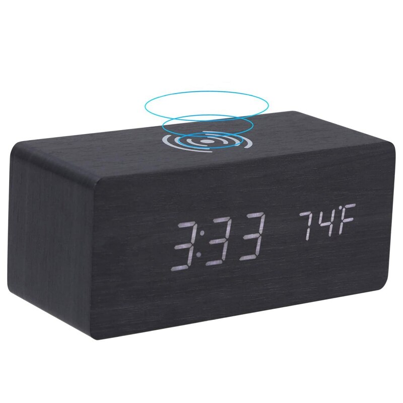 Sveglia Digitale In Legno Con Termometro E Luce Notturna LED - Orologio Da Comodino Silenzioso Con Ricarica USB, Bianco Bamboo - 3