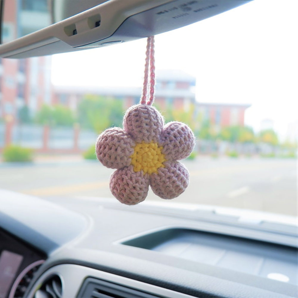 Accesorios colgantes para espejo de coche con flor de gofre Kawaii, accesorios para espejo retrovisor de coche con flores de ganchillo, colgante para espejo de coche D: Morado