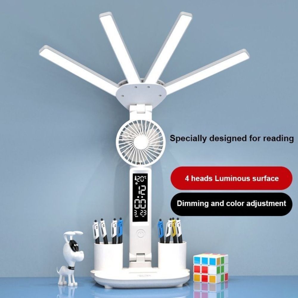 4-Kopf-LED-Tischlampe, berühren-Dimmung, 3 Farben, Tisch-Leselampe mit Ventilator und Zeitdatum, faltbare Stifthalter-Schreibtischlampe