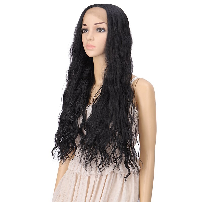 MANWEI black Synthetic Hair Lace Wigs For Women 28inch Long Wavy Lace Front Wig Middle Part Heat Resistant Fiber Hair