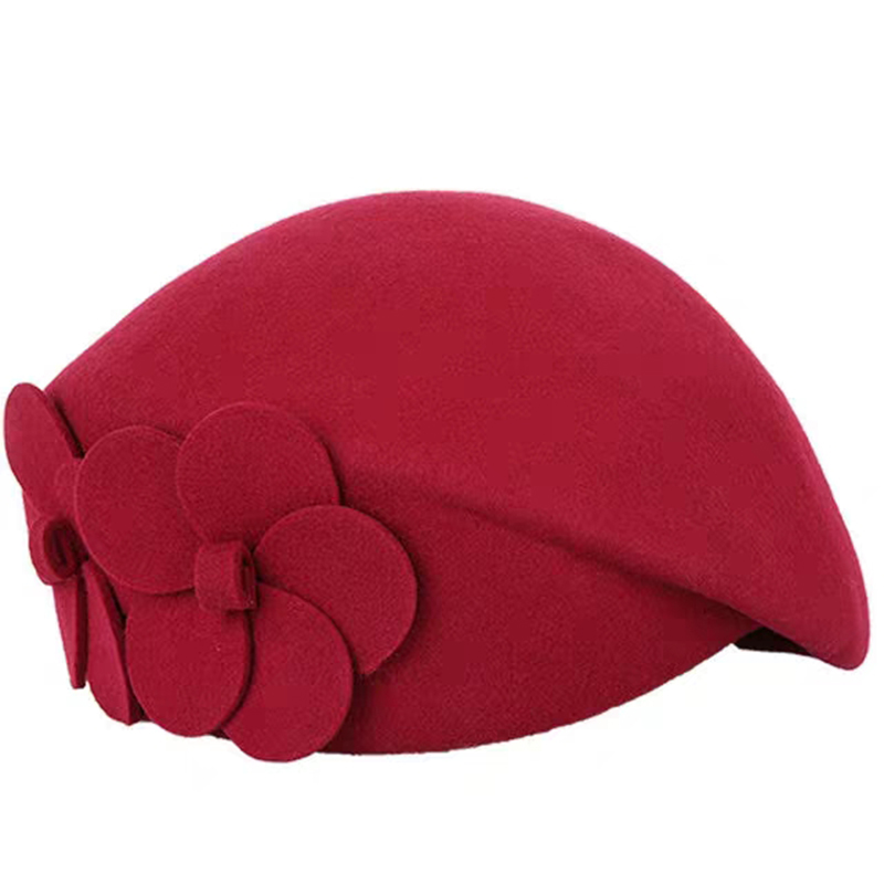 Mærke vinter top hat beret hat blomst kvinder kvindelig beanie cap blomst fransk trilby uld blød stewardesse hat: 3