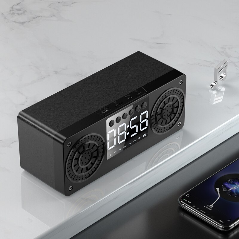 Houten Bluetooth Speaker Draagbare Draadloze Luidsprekers Bass Stereo Subwoofer Met Handsfree Tf Card Aux MP3 Fm Speler Wekker: black