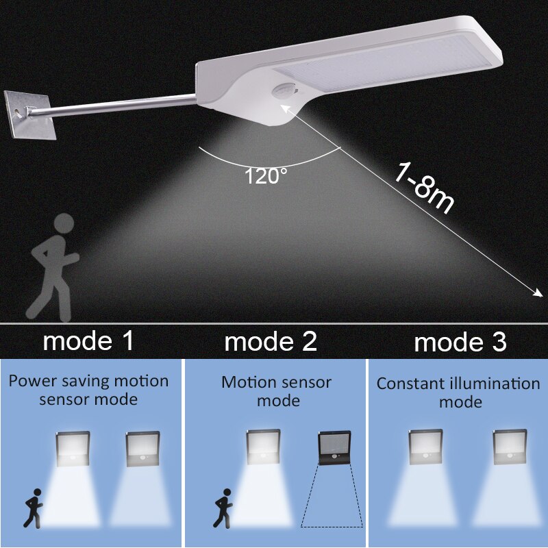 Luz Solar de 48 LED de 450 lúmenes, tres modos, negro y blanco, resistente al agua, para exteriores, jardín, pared, lámpara con poste de montaje o no
