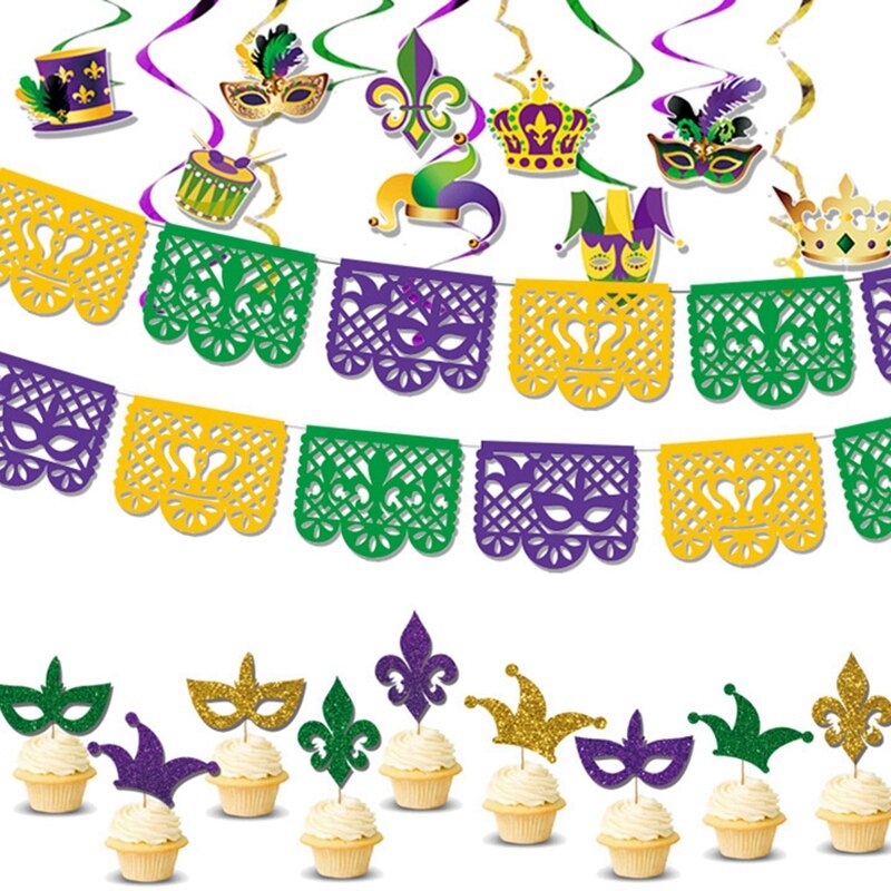 MARDI GRAS Carnival Theme Birthday Party Decoration Cake Topper Banner PVC Spiral Pendant Latex Balloon Supplies