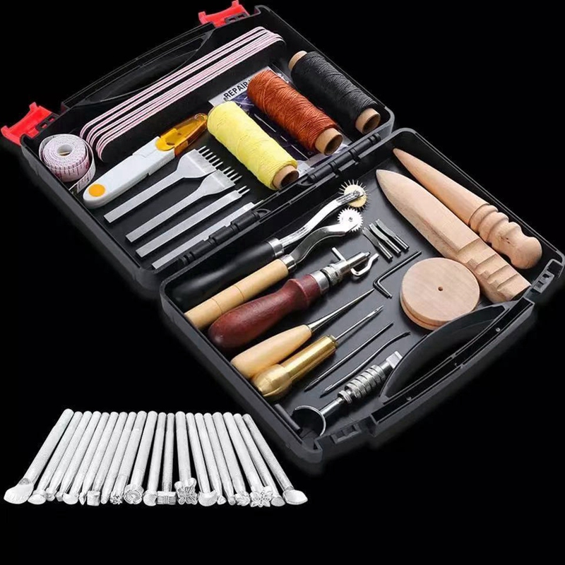 Leather Working Tools and Supplies with Tool Box Perfect for Stitching Punching Cutting Sewing Leather Craft Making
