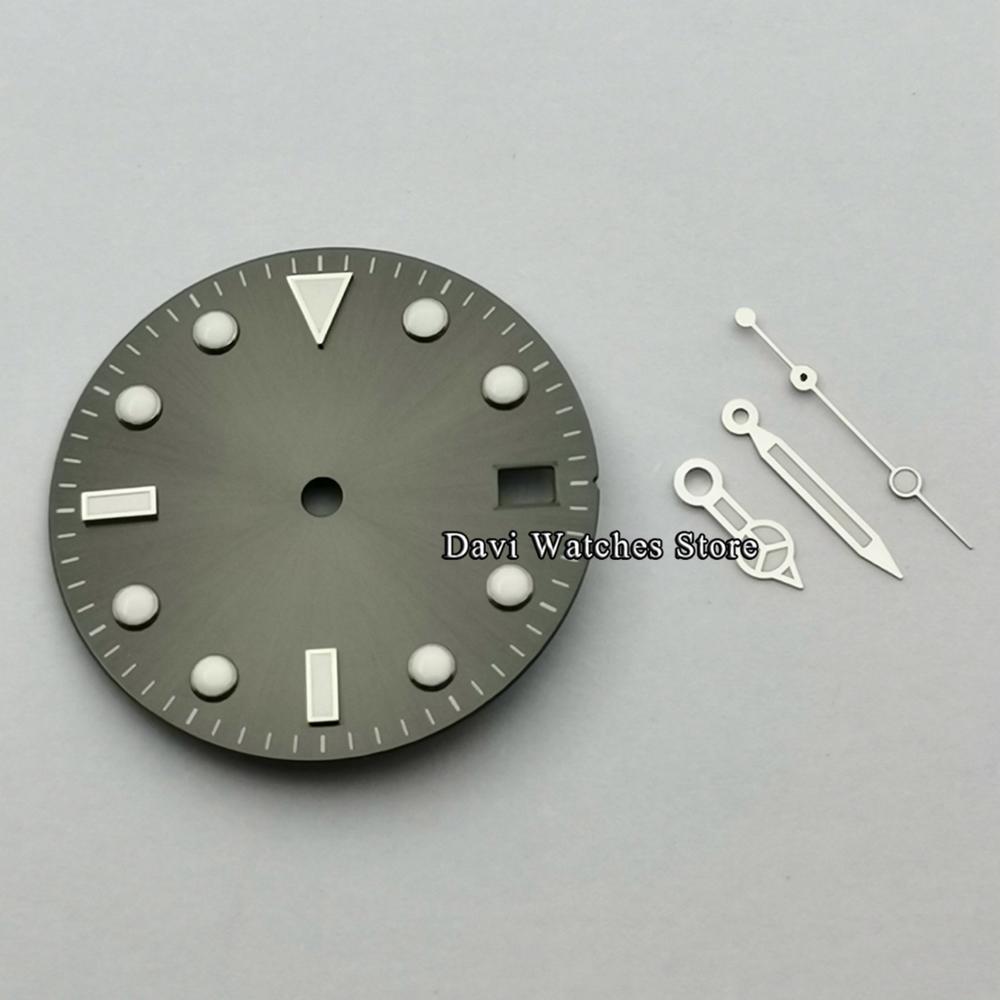 Esfera de reloj estéril de 28,5mm + manecillas de reloj plateadas compatibles con movimiento NH35, accesorios de reloj: A2
