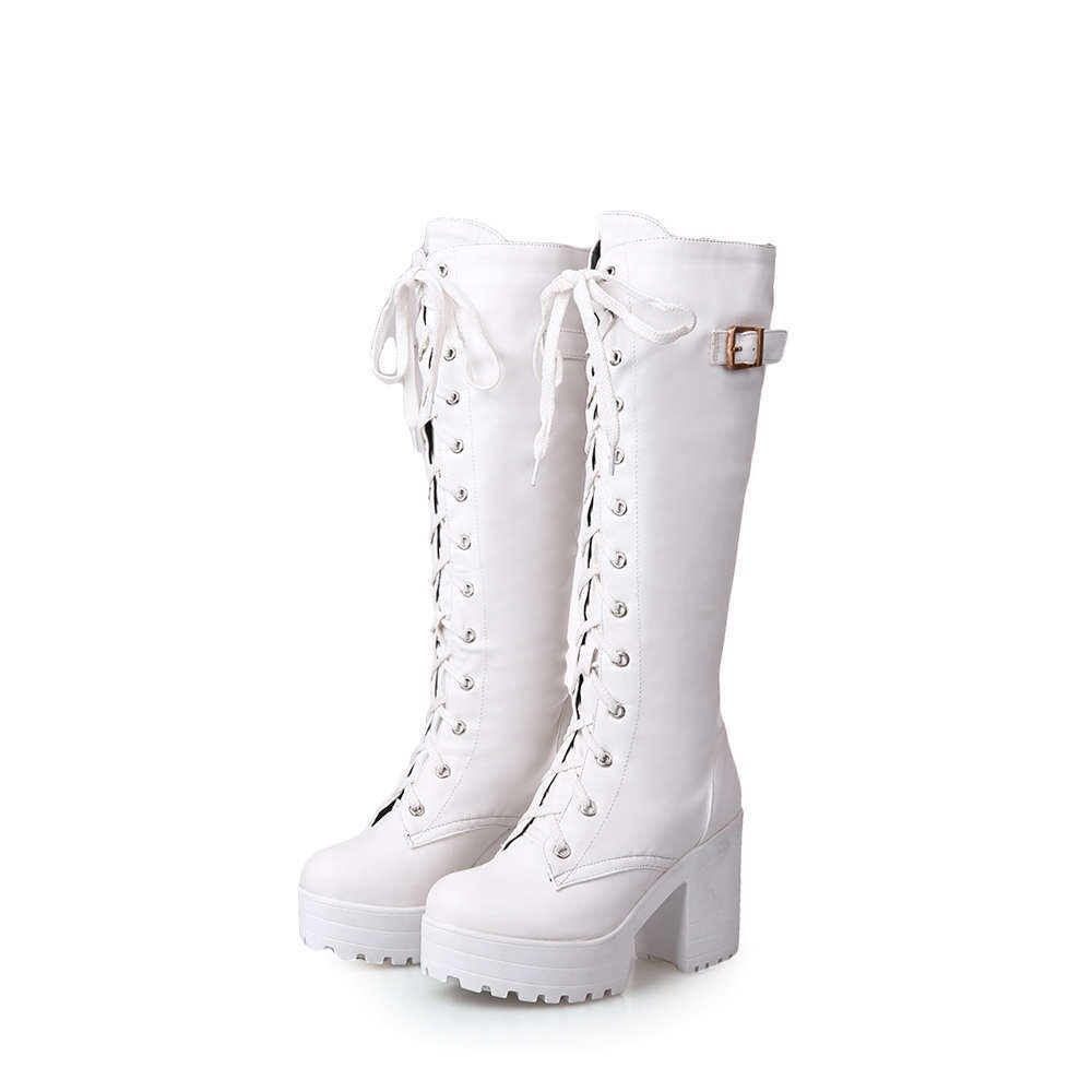 Lente Herfst Vetersluiting Knie Hoge Laarzen Vrouwen Mode Witte Vierkante Hak Vrouw Lederen Schoenen Winter Pu Grote Maat 43