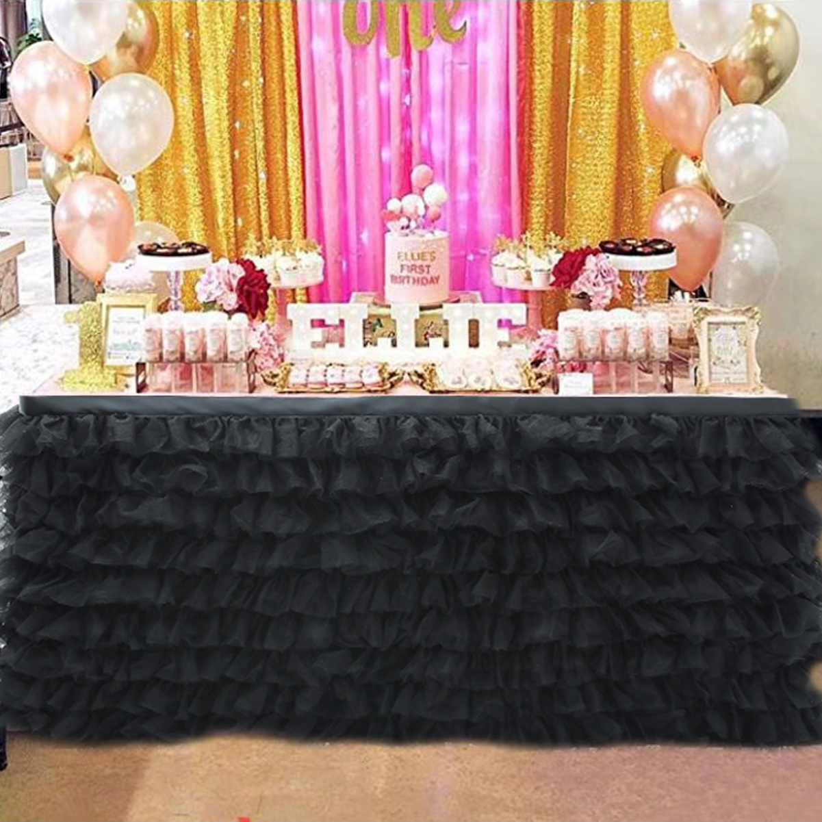 Wedding Party Tafel Rok Effen Kleur Met Houten Oren Multi-layer Tule Drukken Fitting Herbruikbare Tafel Decoratie: Black
