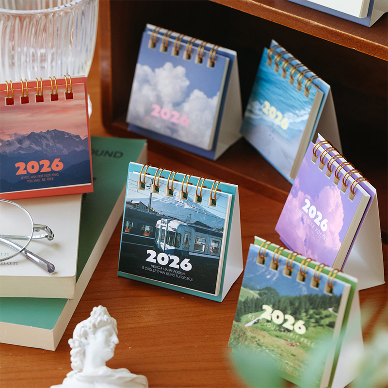 2026 Landschap Mini Bureaukalender Creatieve Spoelplanner Desktop Ornament Kantoorbenodigdheden Decor