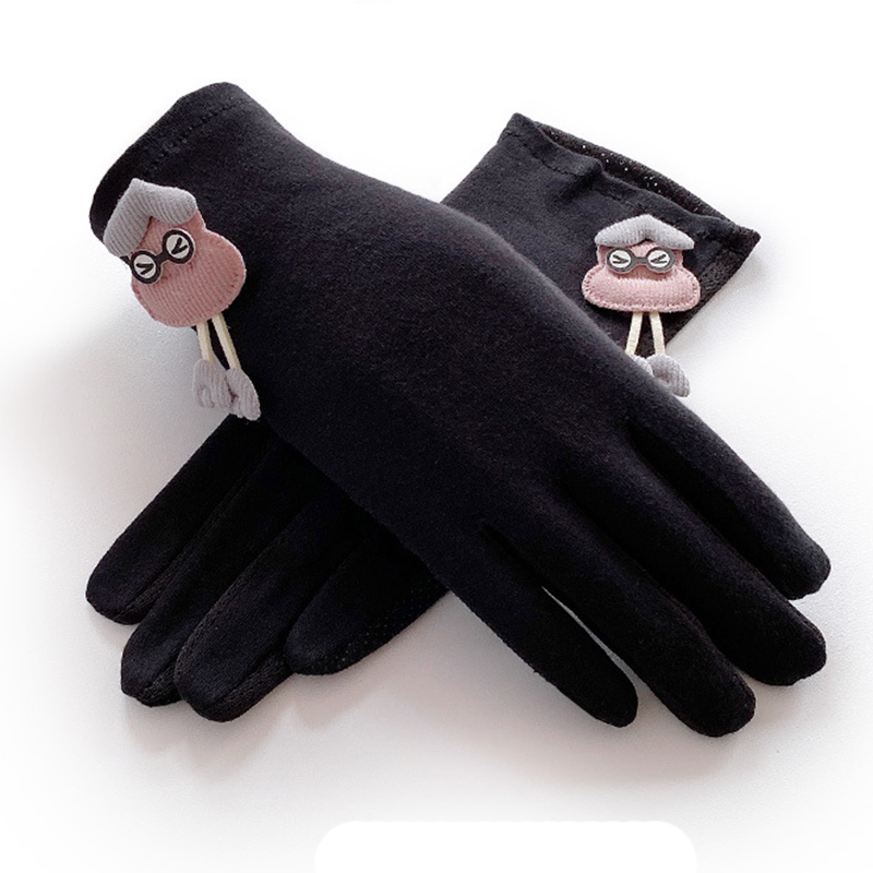 Gants de sport en coton élastique pour femme, motif dessin animé mignon, protection solaire, respirant, antidérapant, pour écran tactile UV, mitaine de conduite, R93: Black