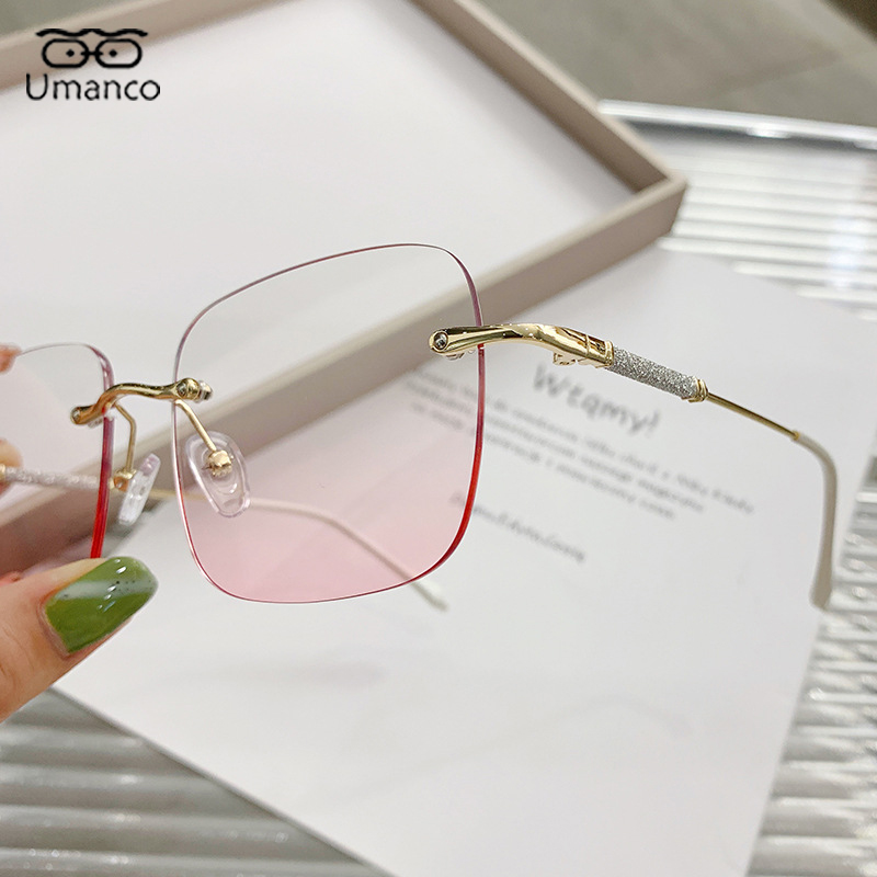 Lenti rosa sfumate Occhiali miopi senza montatura quadrati Occhiali da donna con montatura in oro Occhiali da computer anti luce blu Occhiali da vista