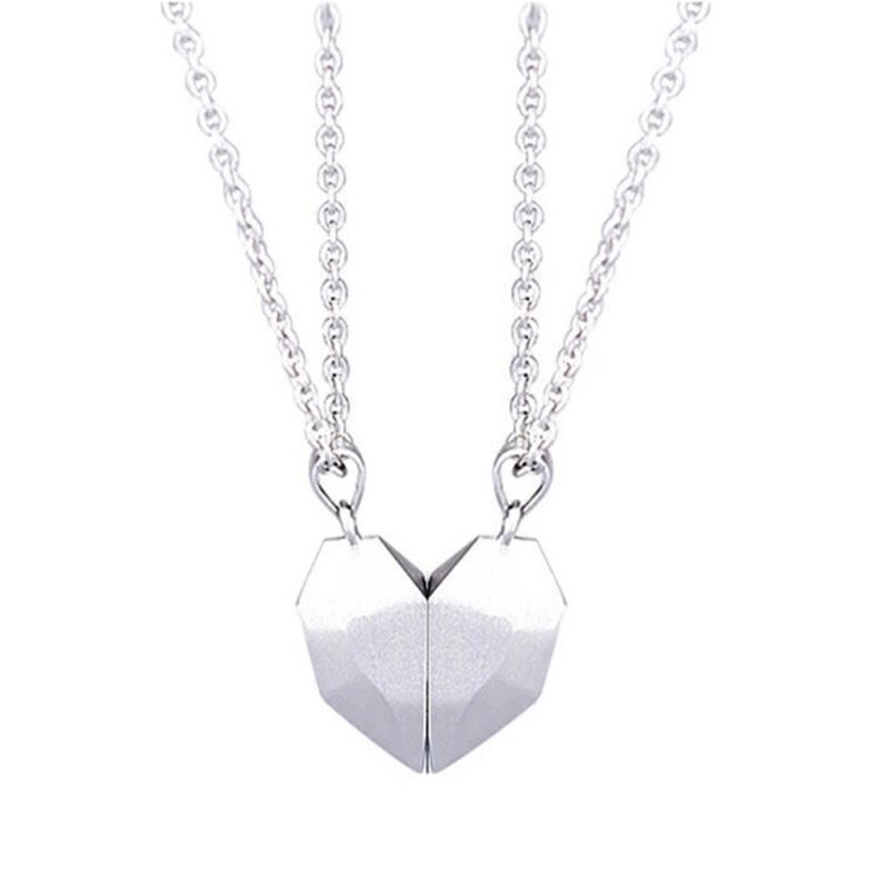 2Pcs Minimalist Lovers Matching Friendship Heart Pendant Couple Magnetic Distance Faceted Heart Pendant Necklace Jewelry: A