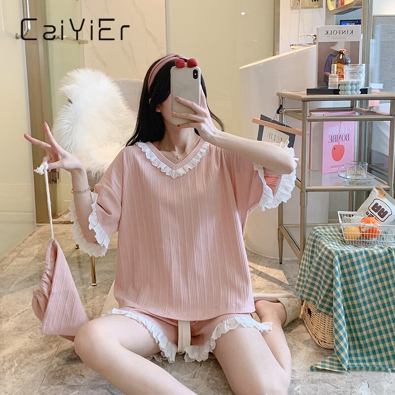 CAIYIER Summer Sweet Girl Lace Pajamas Set Cotton Pink Blue Short Sleeve Sleepwear Princess Style Ladies 3 Piece Nightwear