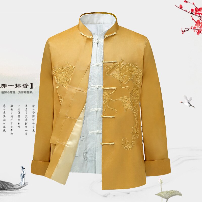 Traditionellen Chinesischen Stil Stickerei Drachen Hanfu Bluse Wu Seetang Anzug Männer Kung Fu Männlichen Spitzen Jacken Cheongsam Neue Jahr Mäntel: Gelb Jacke / XXXL