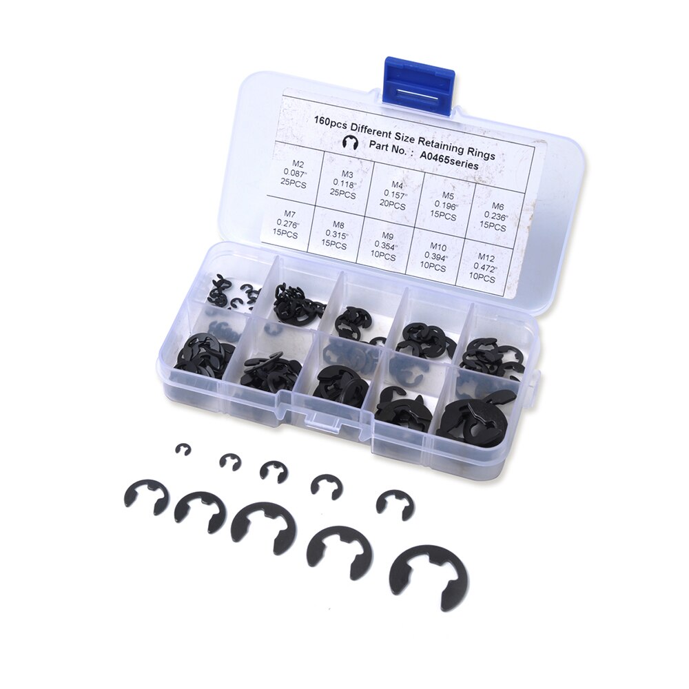 160Pcs 2-12mm E Clip Circlip Inner Snap Ring Seegering Assortment Kit Truck Car E-Clip Retaining Ring Snap Ring Spring steel