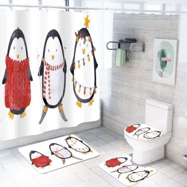 Kerst Pinguïn Douchegordijn Sets 4 Stuks Badmat Set Met Bad Rug Wc Cover Floor Mat, waterdicht Badkamer Gordijnen: color-1